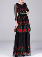 Shein Black Gauze Embroidered Belted Two-piece Dress