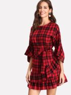 Shein Self Belted Checked Tiered Ruffle Hem Dress