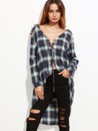 Shein Purple Plaid Lace Up Front High Low Blouse