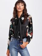 Shein Flower Print Self Tie Bow Satin Shirt