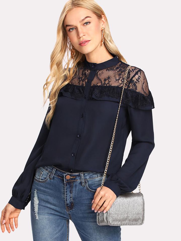 Shein Floral Lace Shoulder Ruffle Blouse