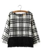 Shein White Black Round Neck Plaid Tassel Blouse