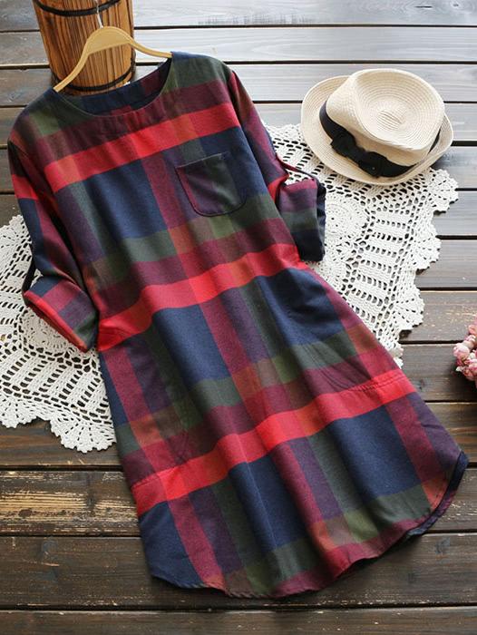 Shein Rolled Sleeve Checked Dress With Chest Pocket