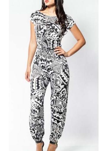 Rosewe Hollow Back Short Sleeve Black Printed Jumpsuit