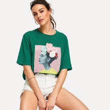 Shein Stereo Flowers Figure Print Tee