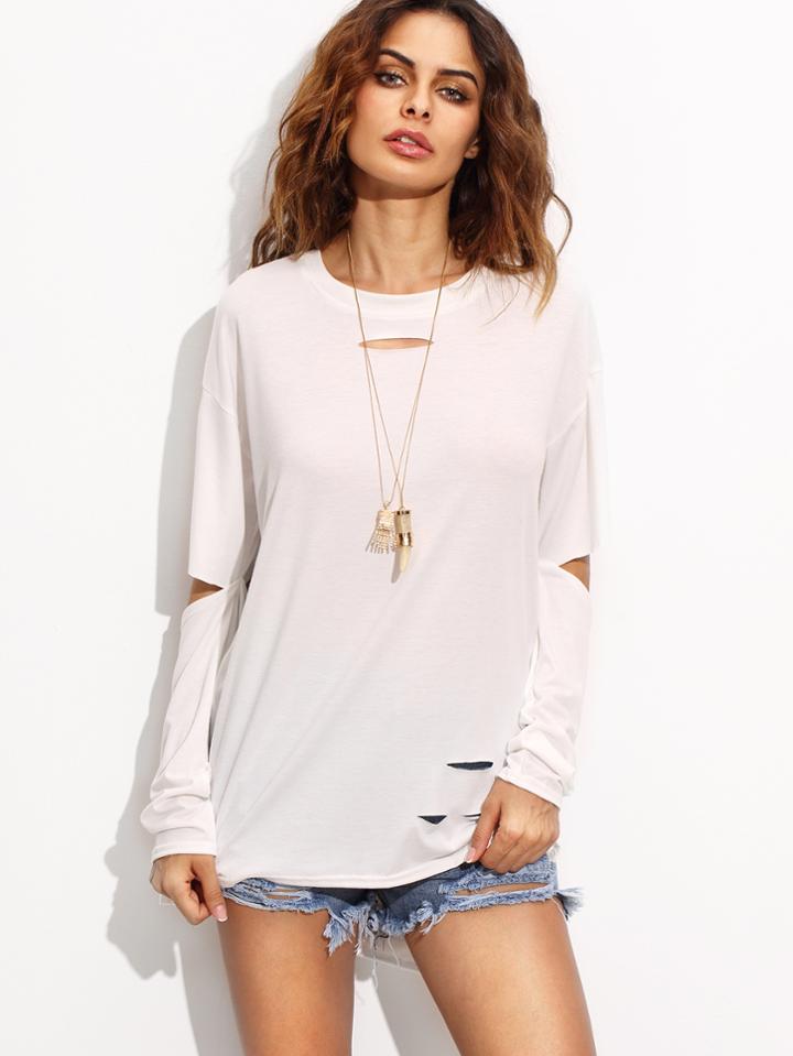 Shein White Distressed High Low T-shirt