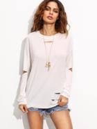Shein White Distressed High Low T-shirt