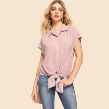 Shein Slit Curved Dip Hem Knotted Shirt