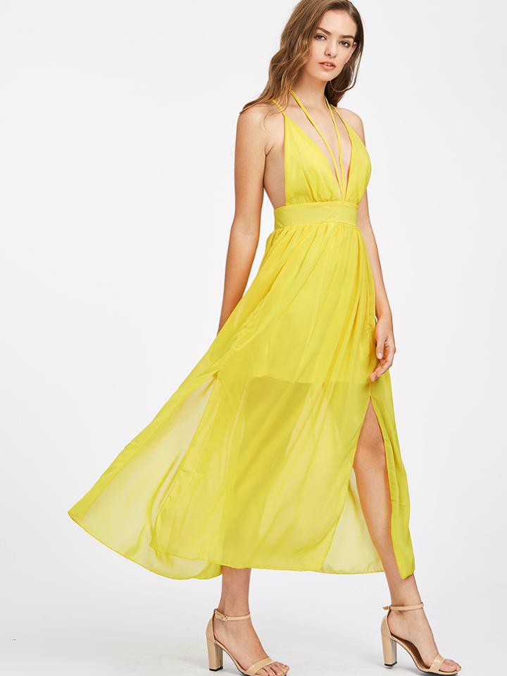 Shein Plunging Strappy Slit Side Backless Chiffon Dress