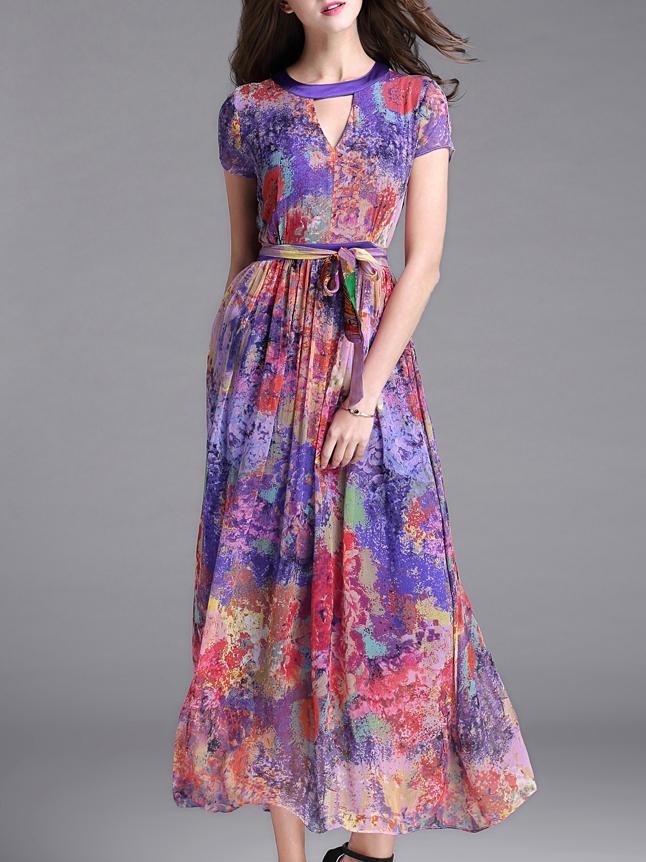 Shein Purple Hollow Tie-waist Floral Maxi Dress