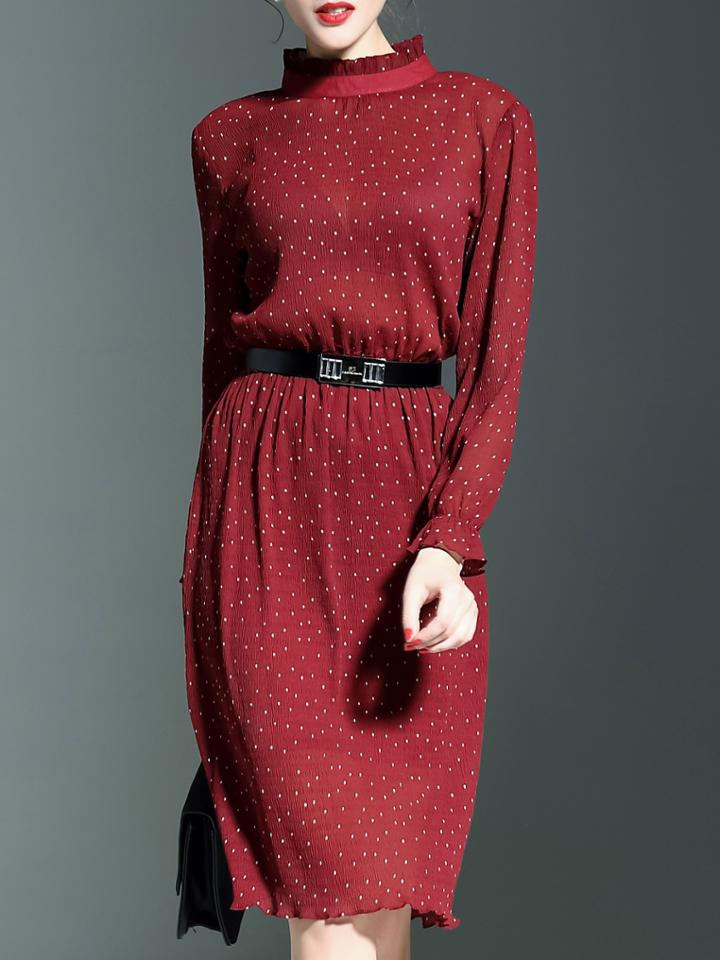 Shein Wine Red Ruffle Collar Petal Sleeve Polka Dot Belted Dress
