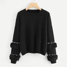 Shein Plus Pearl & Faux Fur Embellished Sleeve Jumper