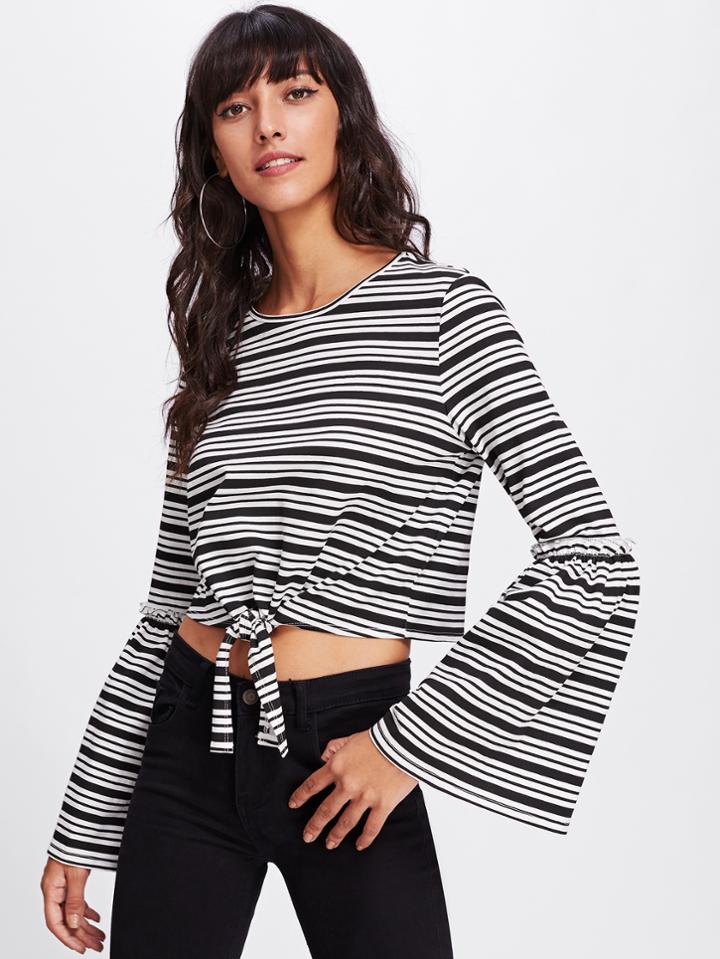 Shein Frilled Detail Fluted Sleeve Knot Crop Top
