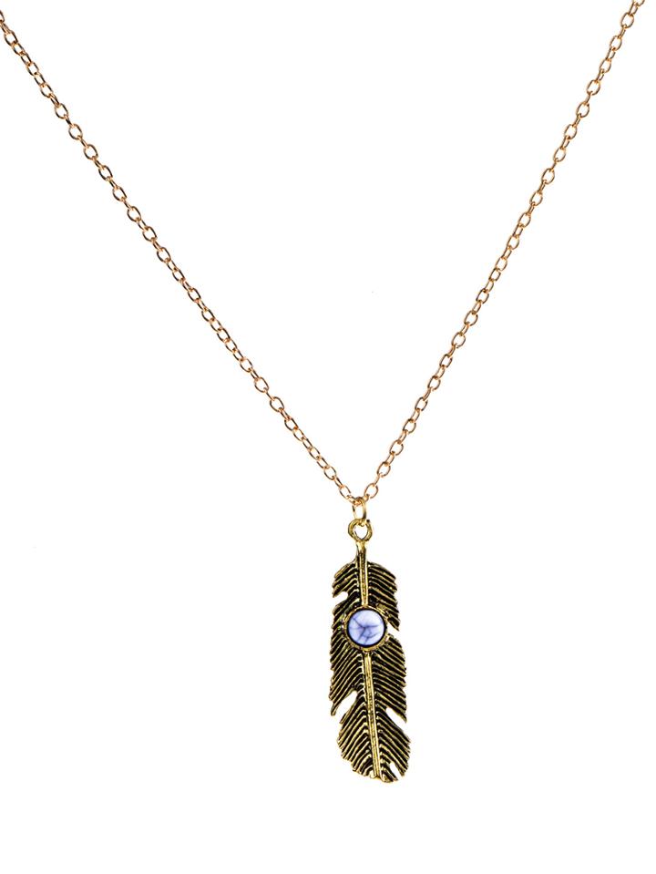 Shein White Gemstone Feather Pendant Necklace