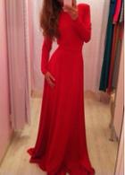 Rosewe V Back Long Sleeve Red Maxi Dress