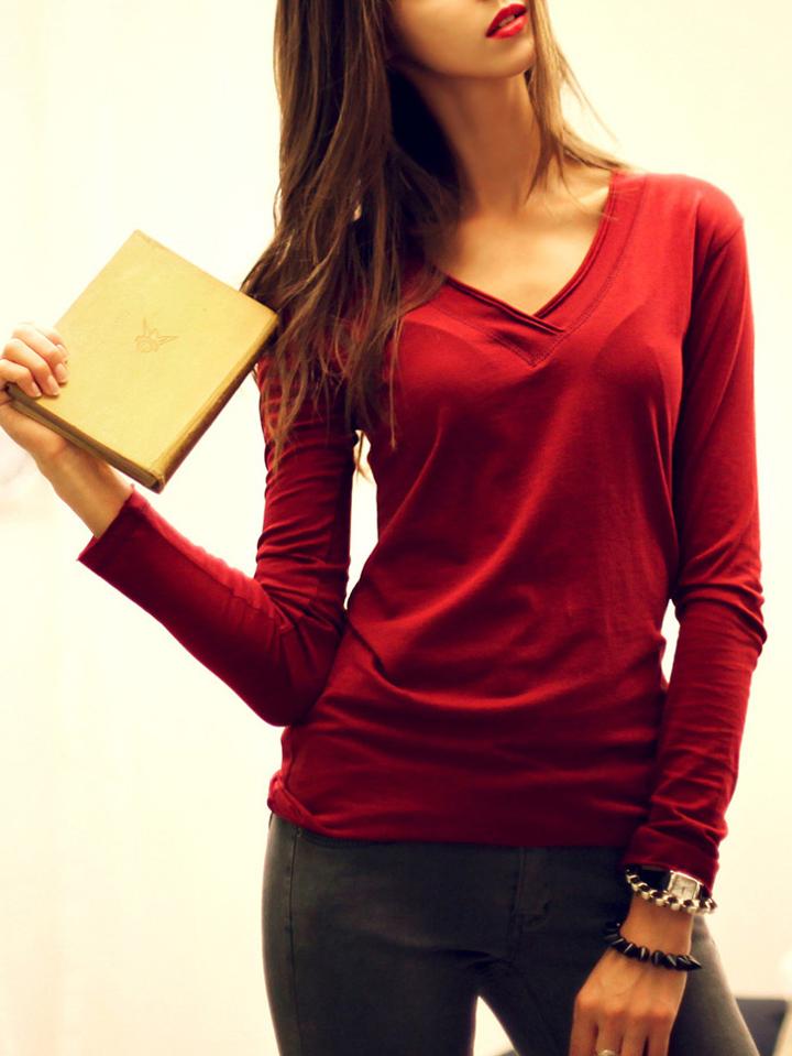 Shein Wine Red V Neck Long Sleeve T-shirt