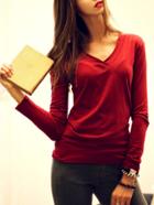 Shein Wine Red V Neck Long Sleeve T-shirt