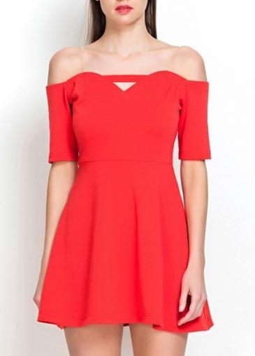 Rosewe Fabulous Boat Neck Short Sleeve Red A Line Dress