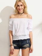 Shein White Eyelet Embroidered Shirred Blouse