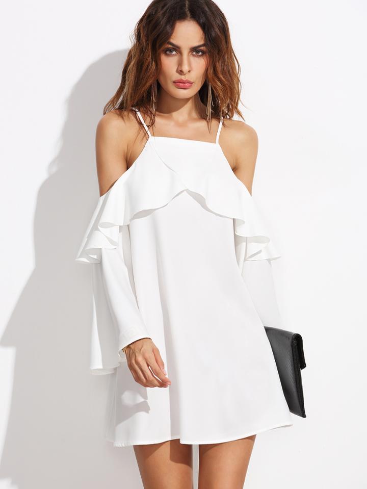 Shein White Ruffle Trim Cold Shoulder Dress
