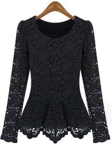 Rosewe Black Round Neck Peplum Lace Top