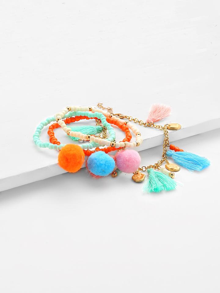Shein Bead & Chain Bracelet Set With Tassel