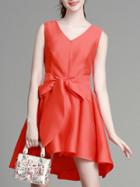 Shein Orange V Neck Bow-waist High Low Dress