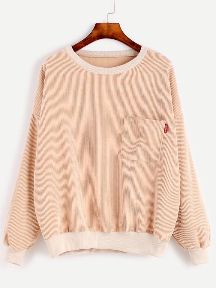 Shein Khaki Drop Shoulder Seam Pocket Corduroy Sweatshirt