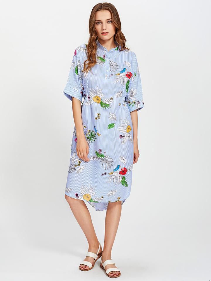 Shein Botanical Print Striped Slit Side Curved Hem Shirt Dress