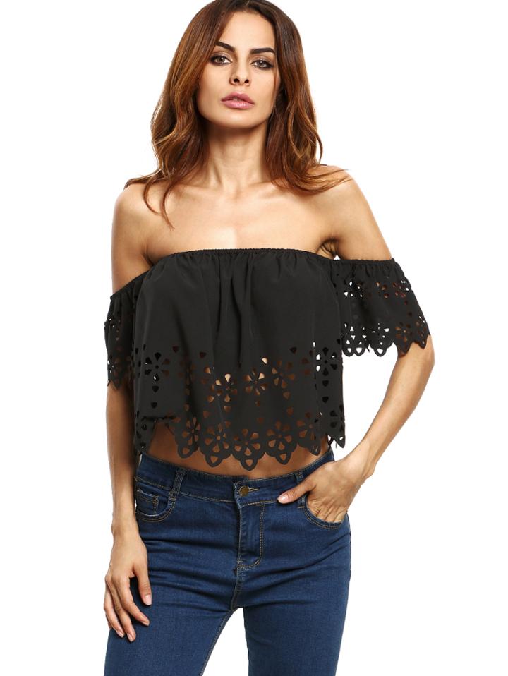 Shein Black Off The Shoulder Hollow Crop Blouse