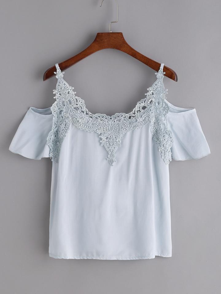Shein Blue Contrast Crochet Cold Shoulder Top