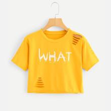 Shein Letter Print Ripped Crop Tee