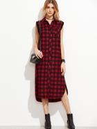 Shein Red Checkered Frayed Trim Sleeveless Shirt Dress