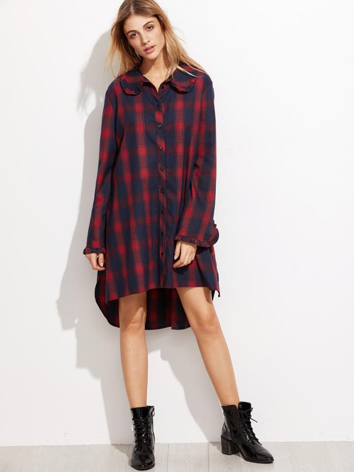 Shein Red And Navy Plaid Frill Trim High Low Shirt Dress