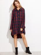 Shein Red And Navy Plaid Frill Trim High Low Shirt Dress