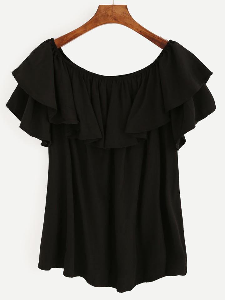 Shein Black Boat Neck Ruffle Detail Top