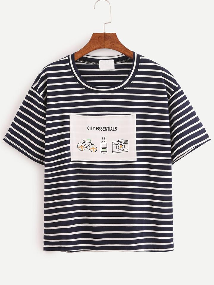 Shein Graphic Print Navy Striped T-shirt