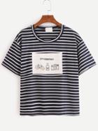 Shein Graphic Print Navy Striped T-shirt