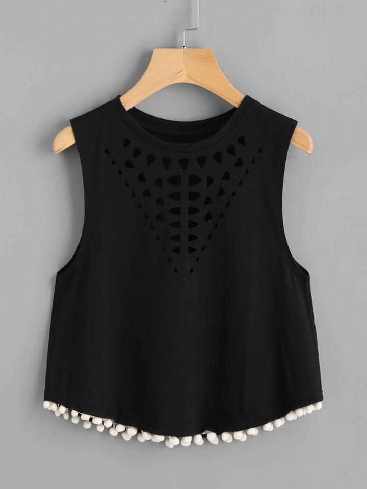 Shein Laser Cut Out Pom Pom Hem Tank Top