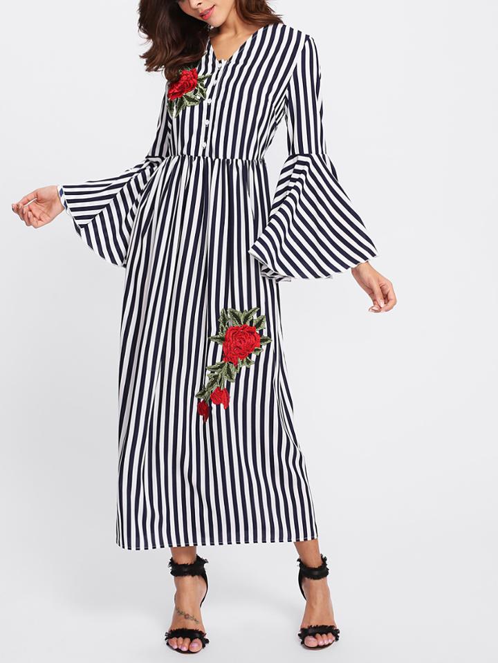Shein Rose Applique Trumpet Sleeve Striped Hijab Long Dress