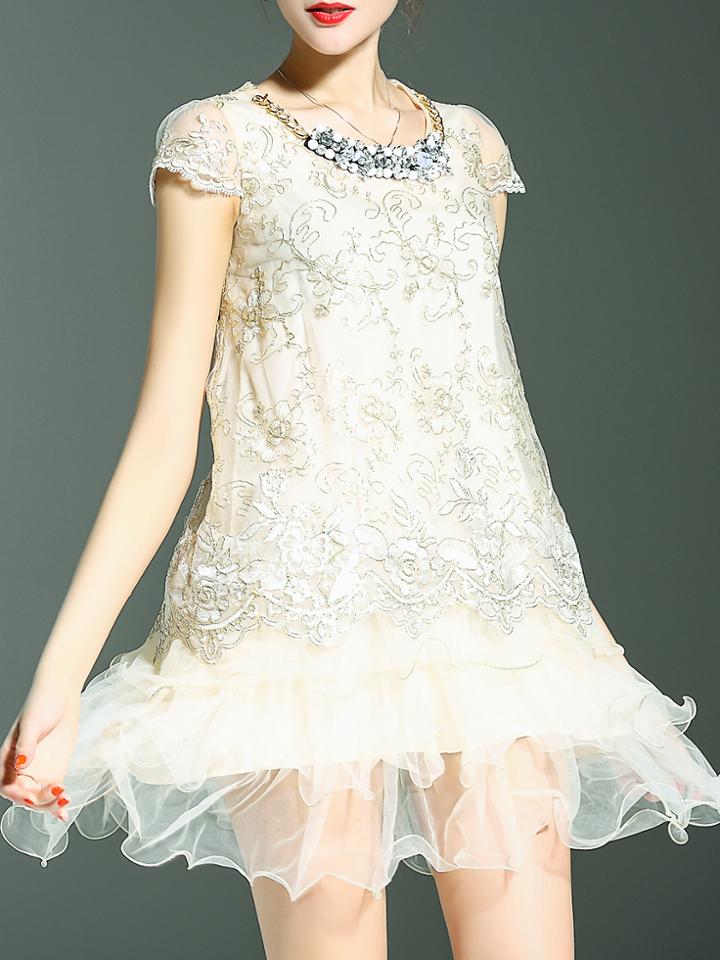 Shein Apricot Disc Flowers Beading Ruffle Dress