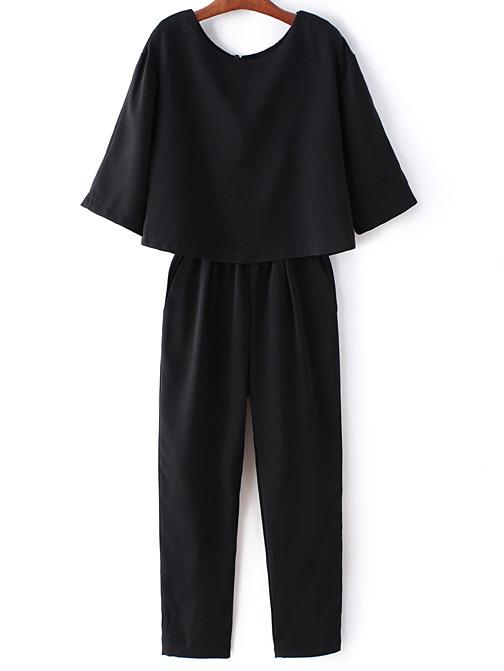 Shein Black Pockets Split Back Half Sleeve Jumpsuit