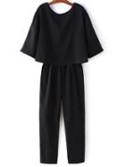 Shein Black Pockets Split Back Half Sleeve Jumpsuit