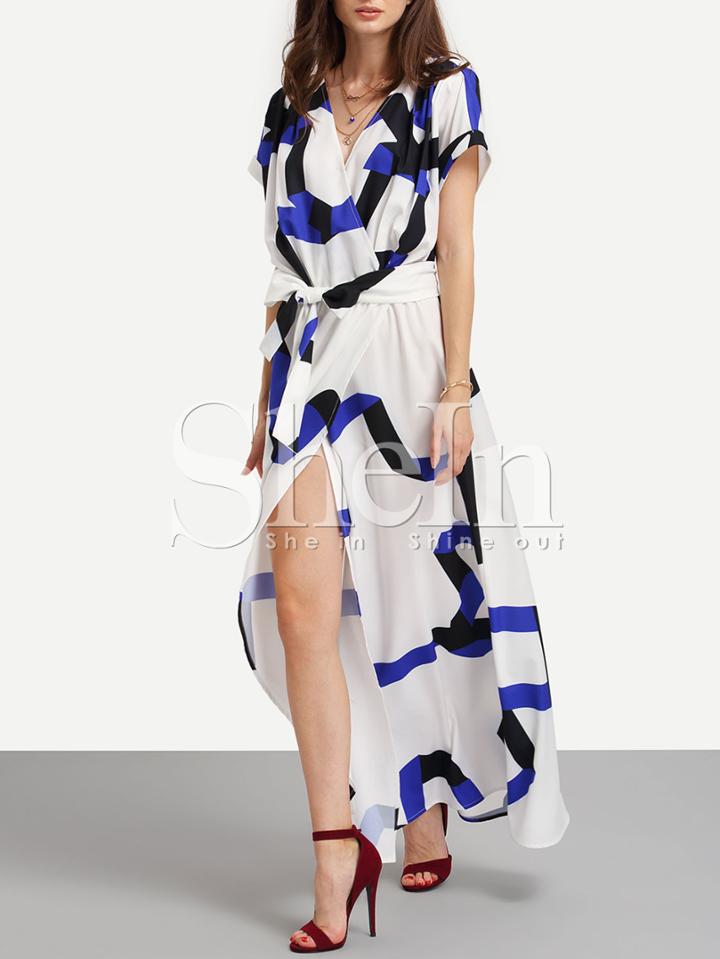 Shein Blue Stripe In White Self-tie Waist Maxi Dress