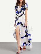 Shein Blue Stripe In White Self-tie Waist Maxi Dress