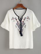 Shein Embroidery Tassel-tie Neck Ruffle Sleeve Blouse