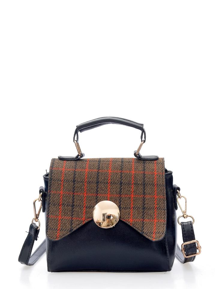 Shein Round Button Design Plaid Flap Bag