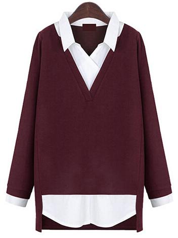 Shein Burgundy Contrast Collar Long Sleeve Plus Blouse