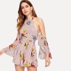 Shein Halter Cold Shoulder Floral & Striped Romper