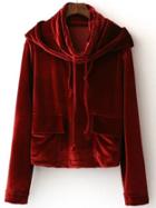 Shein Burgundy Hooded Velvet Sweatshirt With Pocket